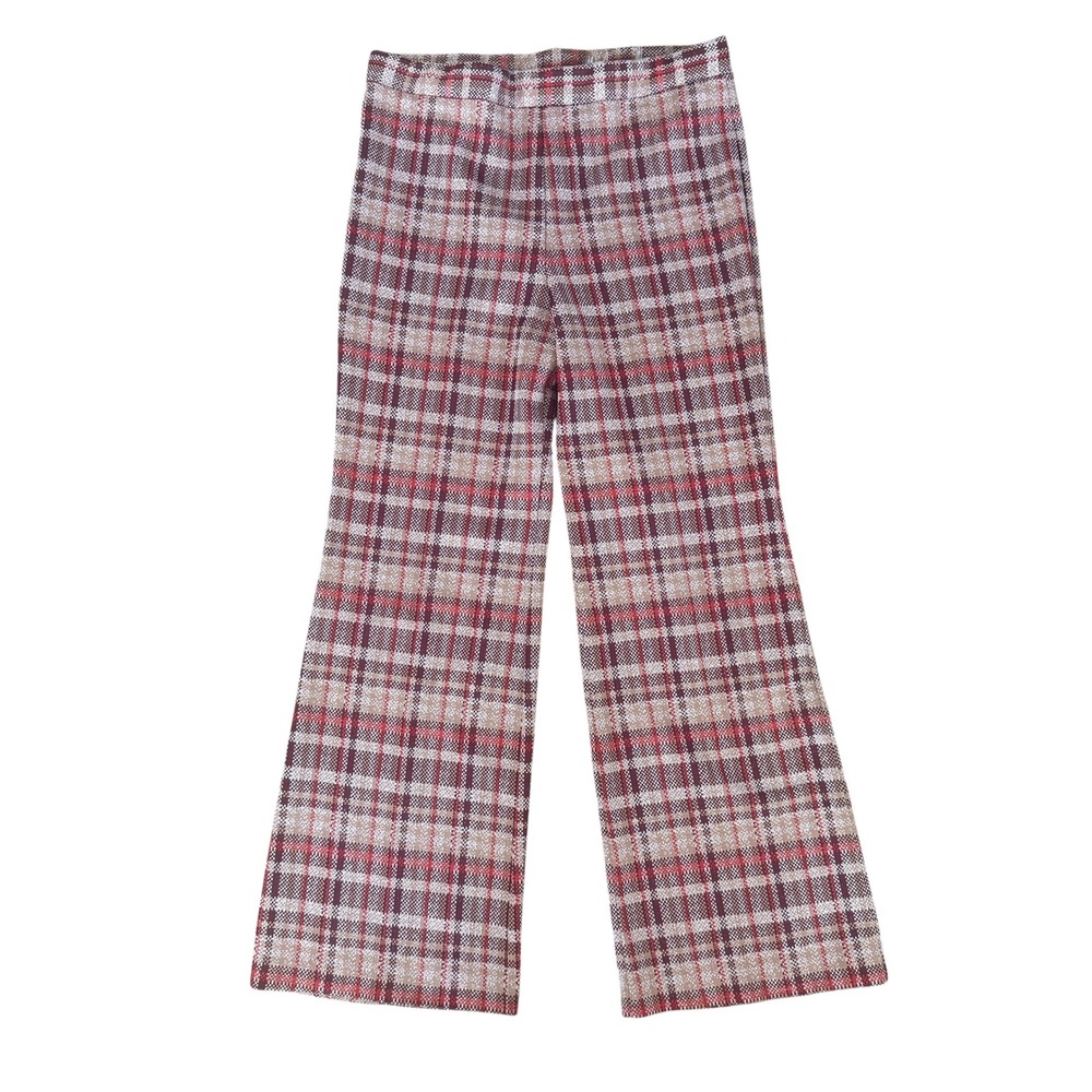 Vintage 70s Plaid Knit Bell Bottom Pants High Waist Flare Trousers 35 Red Tan